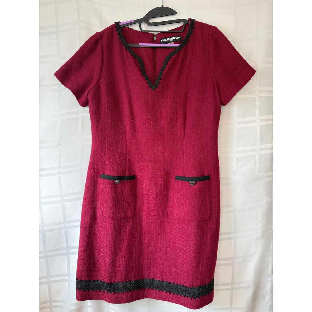 Karl Lagerfeld Paris Burgundy Tweed Sheath Dress Black Soutache Trim Size 12